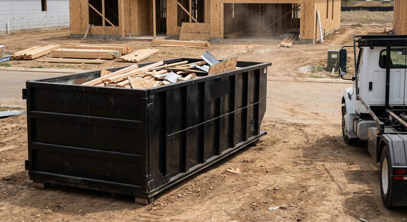 Matte-black 20-yard roll-off construction dumpster with heavy ribbed steel sidewalls and swing rear doors at a working jobsite in Laredo, sitting directly on compacted dirt with an unmarked white hauler partially visible at the far edge of the frame.