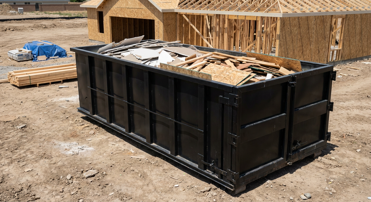 Matte-black 30-yard roll-off construction dumpster sitting directly on the compacted-dirt site of a framed single-family home build in Laredo, drywall and lumber scrap loaded inside.