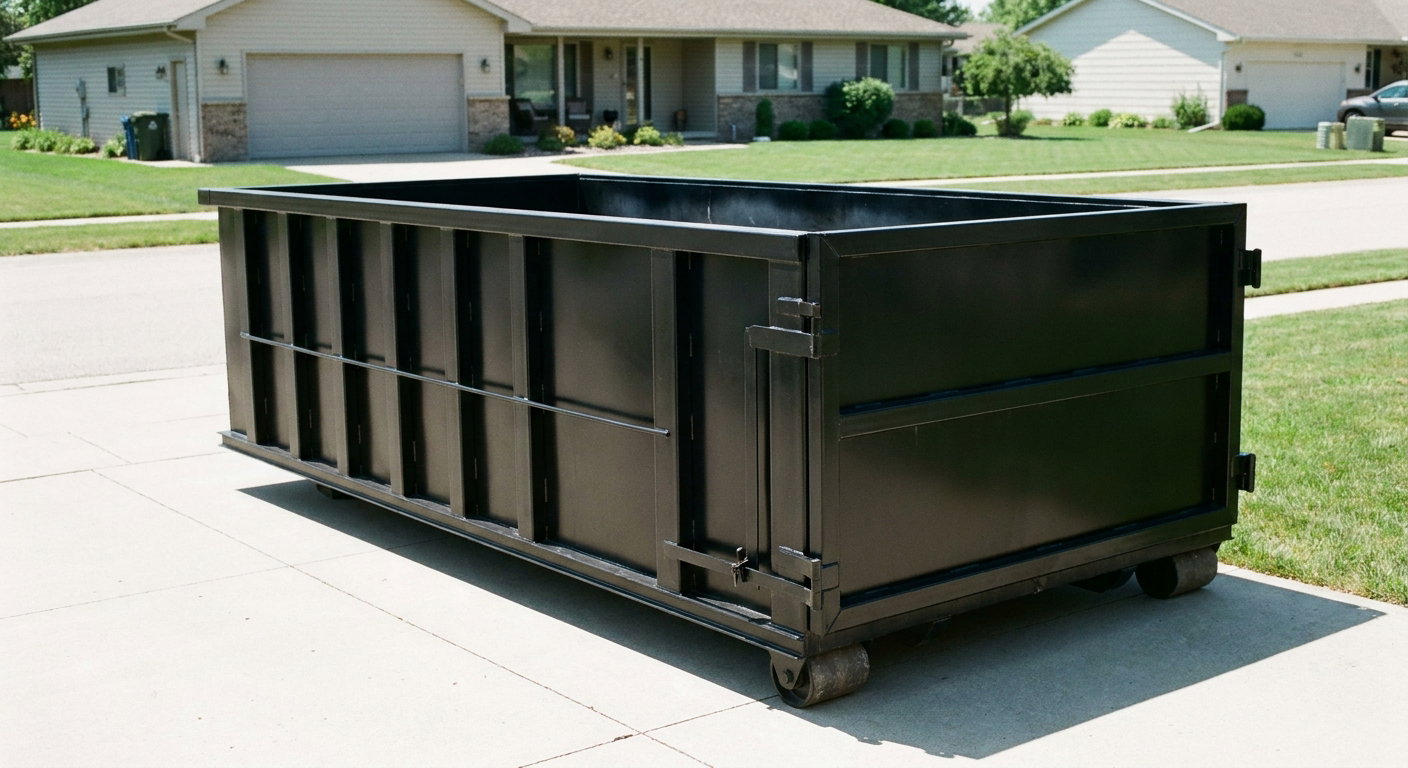 Matte-black 10-yard roll-off dumpster on a residential concrete driveway in Laredo, uniformly painted matte black across every panel and rail, ribbed steel sidewalls and rear swing door visible, mid-day daylight.