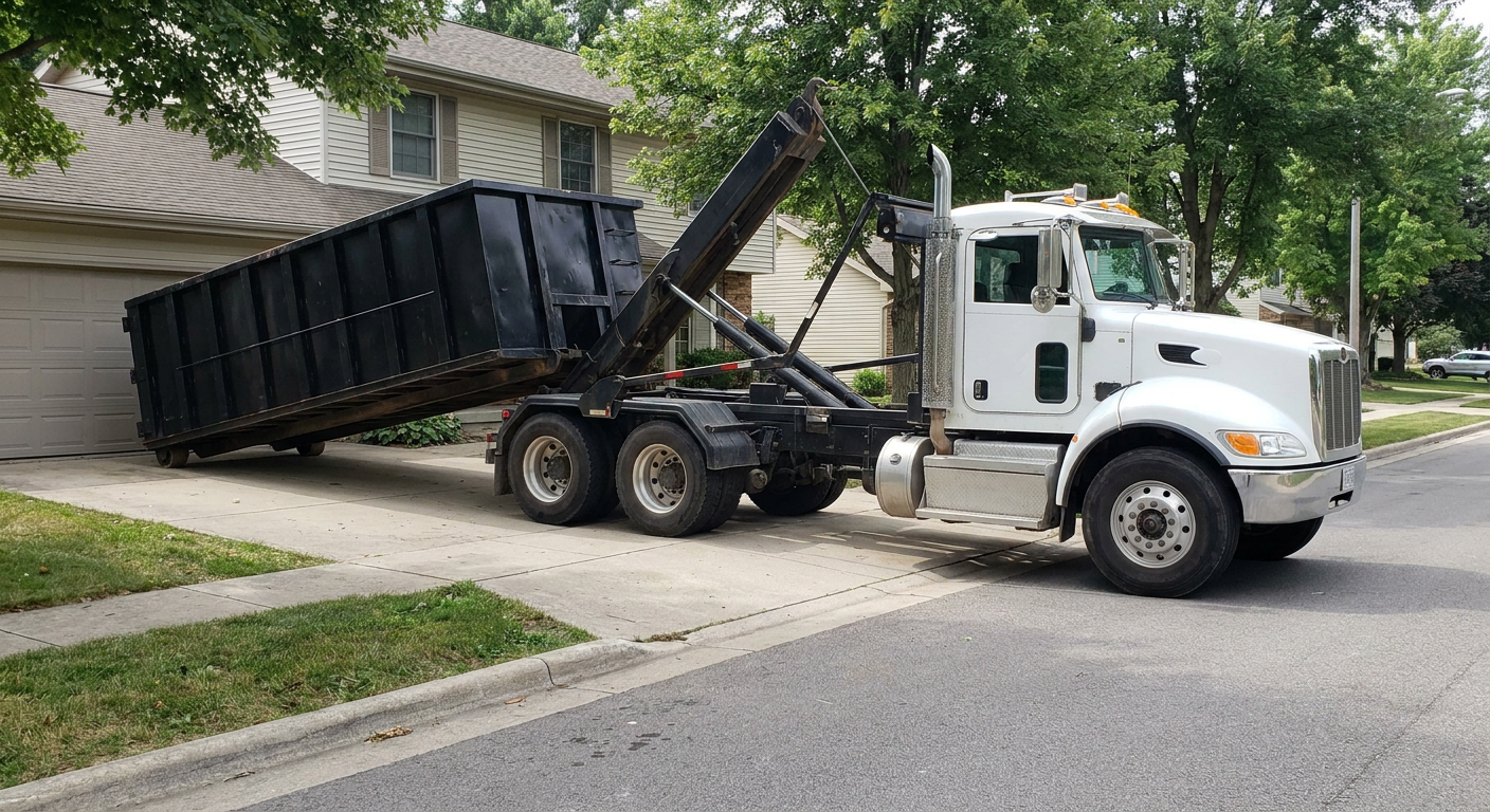 White-cab hooklift roll-off truck actively lowering a matte-black dumpster onto a Laredo residential concrete driveway, the dumpster's rear wheels touching the driveway as the hoist arm tilts the bed forward, mid-morning daylight.