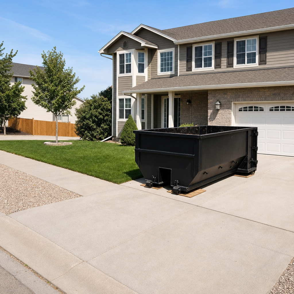 10-yard matte-black residential dumpster placed directly on a narrow Laredo concrete driveway, room remains for a parked sedan beside it, mid-morning natural light