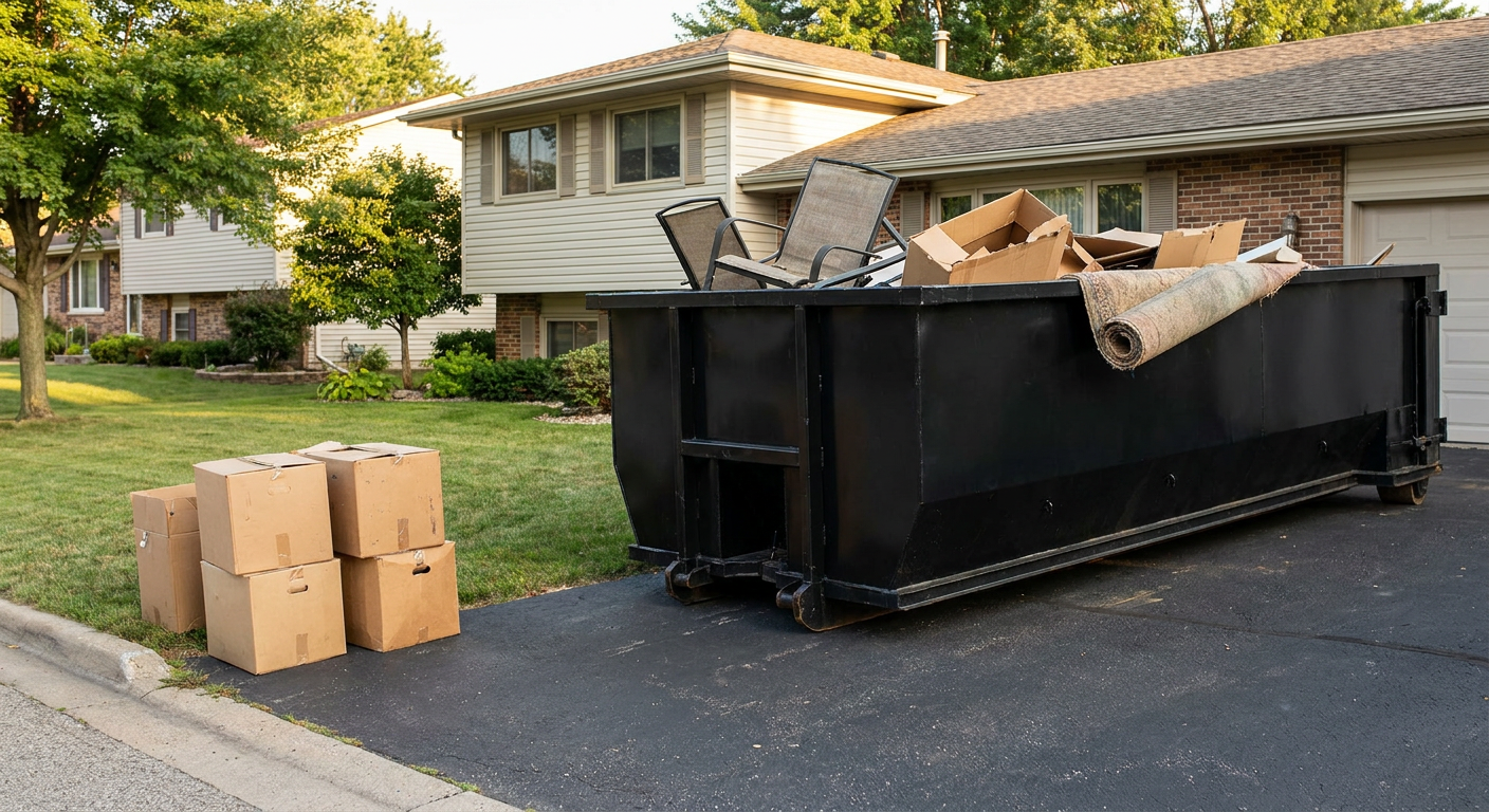 Front-yard view of a Laredo split-level home with a 20-yard matte-black roll-off dumpster sitting directly on the asphalt driveway, a few clearly labeled donation boxes staged at the curb, calm sunny afternoon.