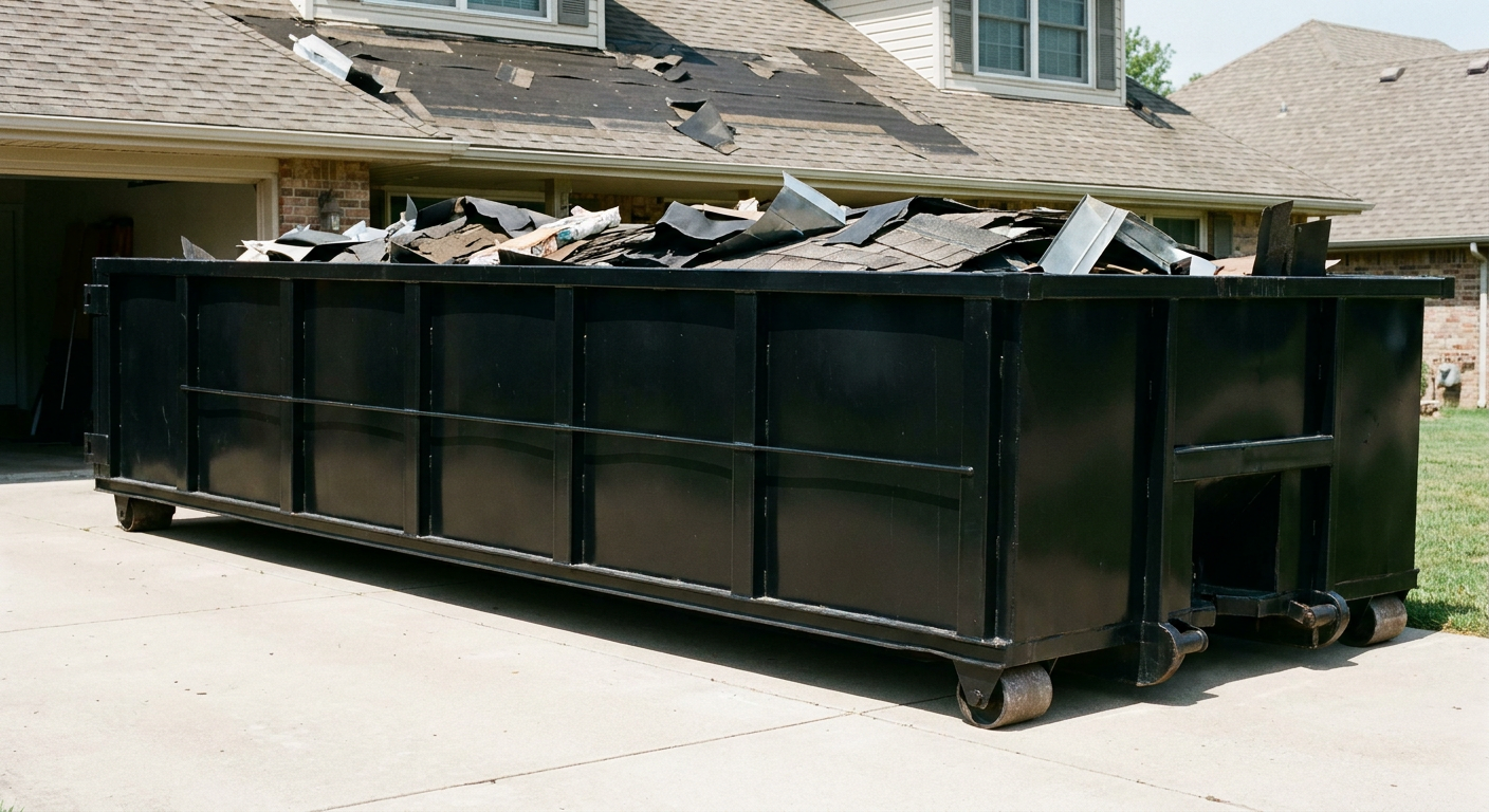 Matte-black 20-yard roofing roll-off dumpster with steel ribbed sides and swinging rear door, sitting directly on the concrete driveway of a two-story Laredo home, asphalt shingle debris being loaded over the low wall, clean documentary lighting.