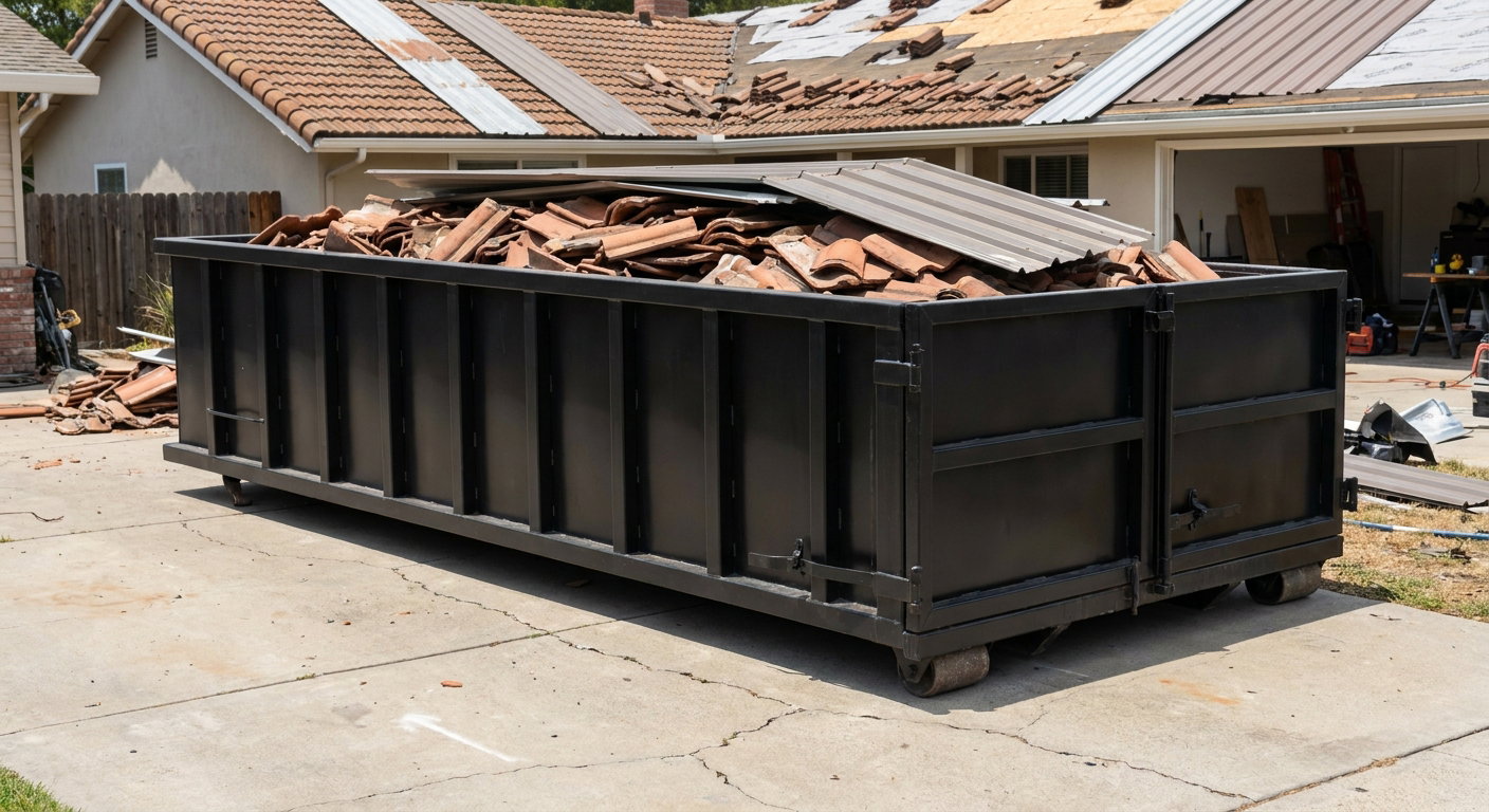 Matte-black low-wall heavy-debris roofing roll-off dumpster sitting directly on a Laredo concrete driveway, broken concrete clay roof tiles and metal panel sections loaded inside, reinforced ribbed steel side walls visible, bright outdoor daylight.