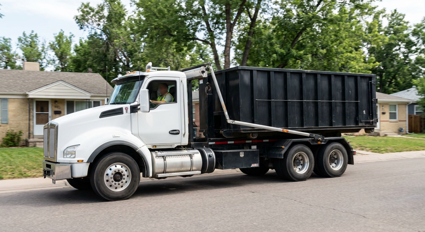 A wide documentary shot of a matte-black roll-off delivery truck pulling onto a quiet Laredo residential street at mid-morning, with neighborhood rooftops and tree-lined blocks visible behind, showing the metro coverage footprint.