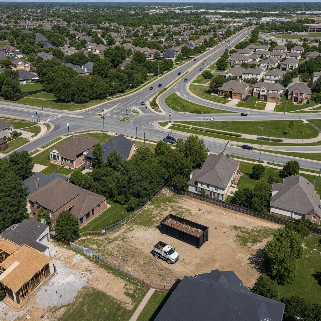 An overhead documentary view of the Laredo metro area at midday, showing the spread of neighborhoods, arterial roads, and the dispatch radius from a central yard — clean daylight, organized geographic layout.
