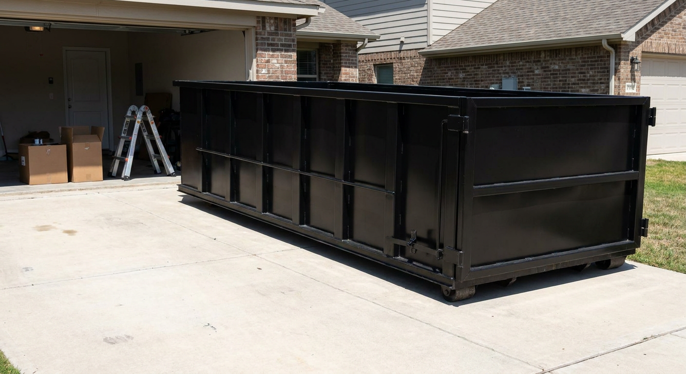 A matte-black 10-yard roll-off dumpster sitting directly on a residential Laredo concrete driveway, mid-day sunlight, clean and ready for a garage cleanout.