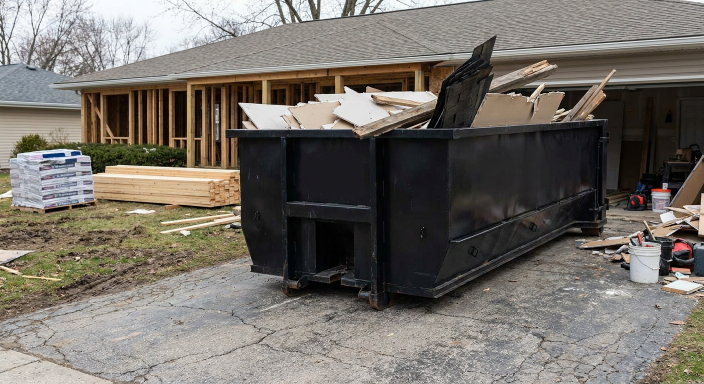 A matte-black 20-yard roll-off dumpster placed alongside a mid-renovation Laredo home directly on the asphalt driveway, with framing materials and torn-off shingles staged neatly nearby.