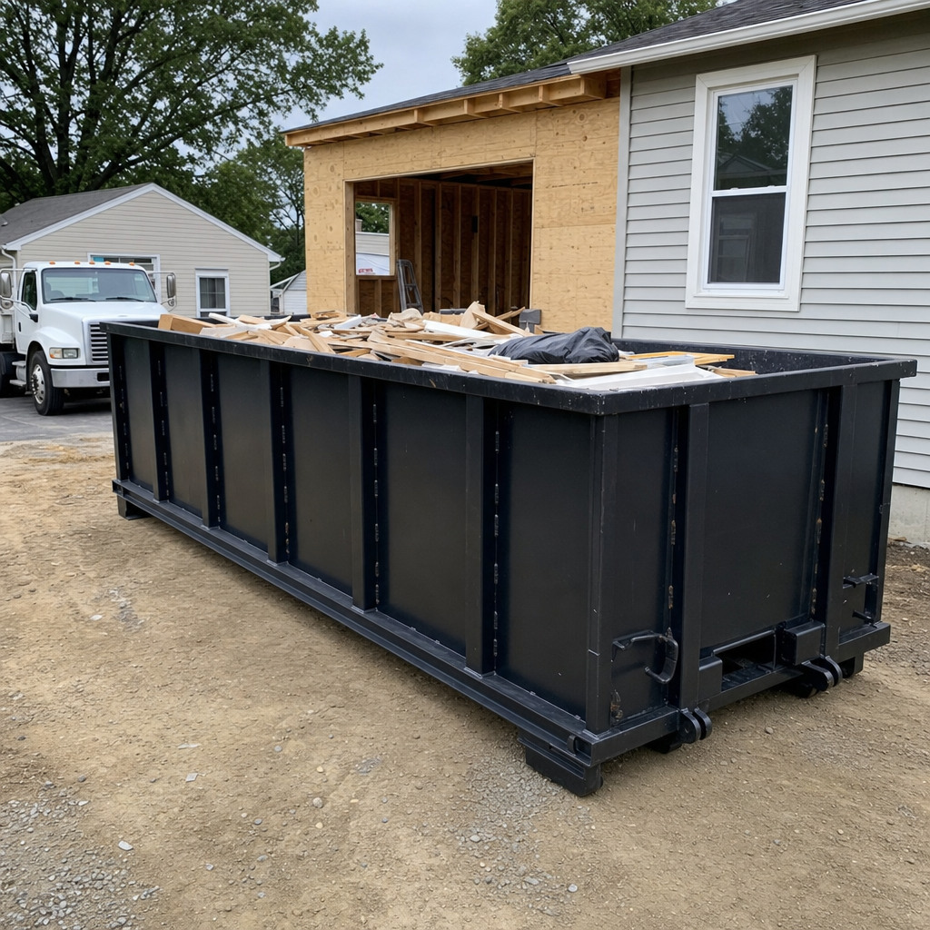A matte-black 30-yard roll-off dumpster positioned at a Laredo residential addition jobsite, with framing lumber and drywall scraps loaded through the open swinging rear doors.