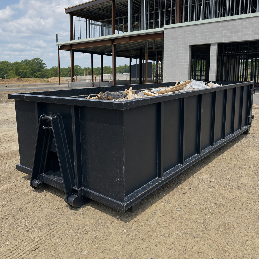 A matte-black 40-yard roll-off dumpster staged on a large Laredo commercial construction lot, with a hooklift delivery truck parked alongside under bright midday sky.