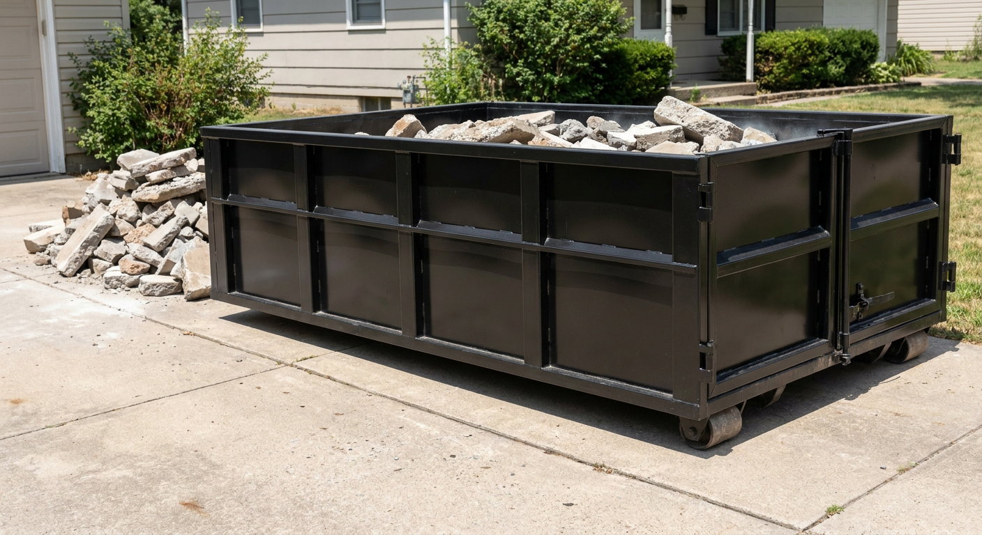 A matte-black low-side heavy-debris roll-off dumpster placed directly on a Laredo concrete driveway, with broken concrete chunks neatly stacked beside it under clean daylight.
